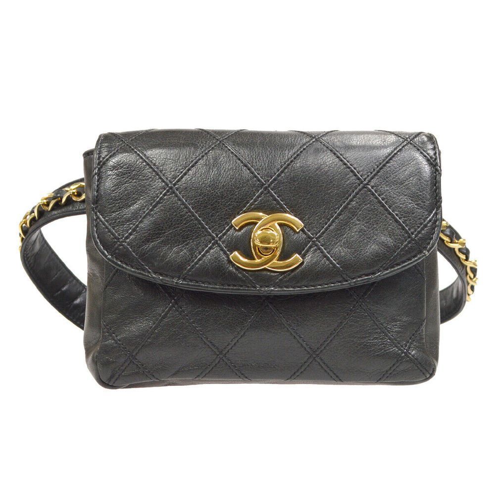 CHANEL Waist Bum Bag Purse Pouch Black Lambskin